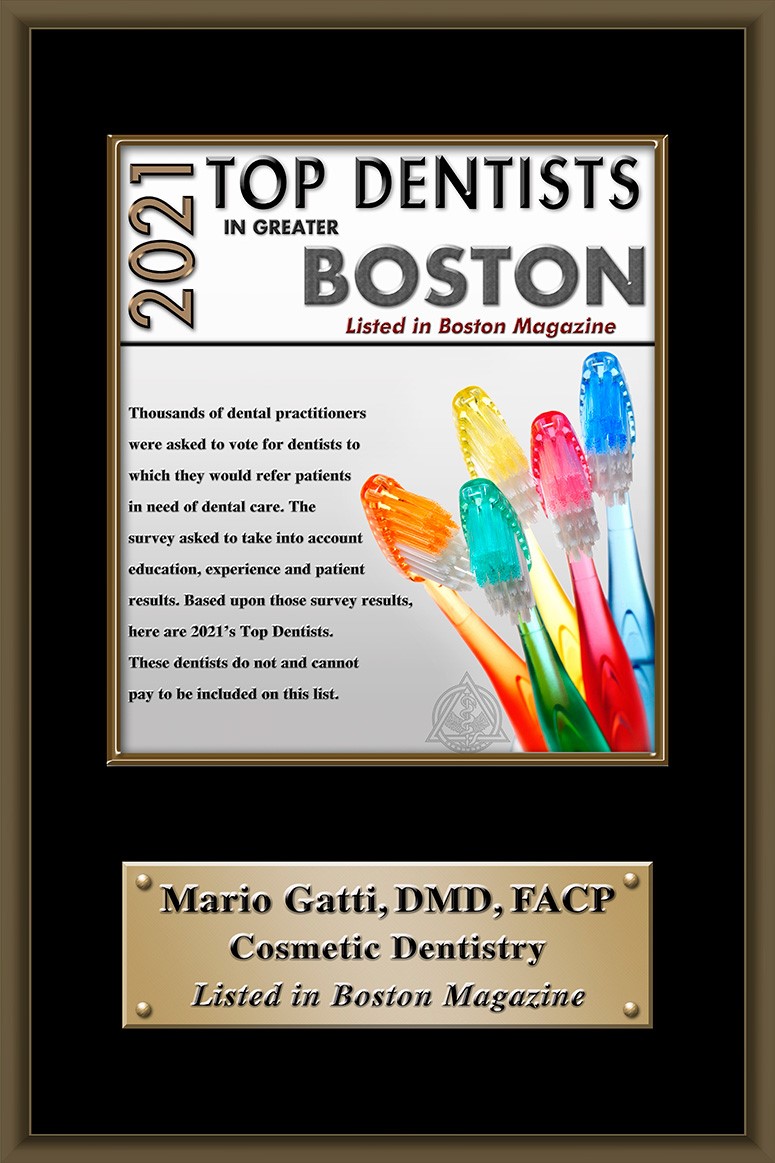Boston 2021 Top Dentist Award for Doctor Mario Gatti, DMD, FACP Cosmetic Dentistry. Listed in Boston Magazine.