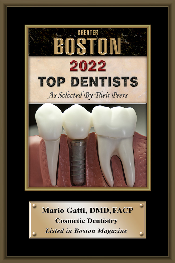 Boston 2022 Top Dentist Award for Doctor Mario Gatti, DMD, FACP Cosmetic Dentistry. Listed in Boston Magazine.